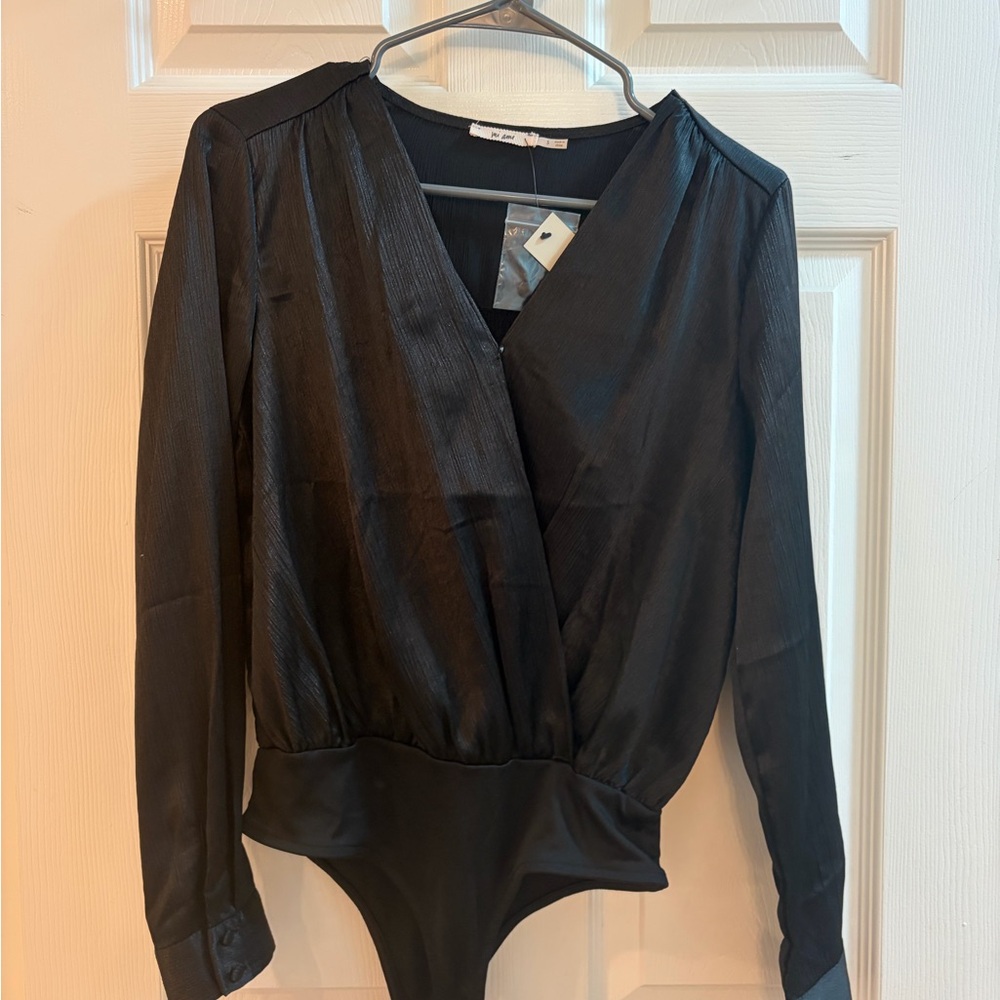 Francesca's Black Long-Sleeve Shiny Wrap Bodysuit